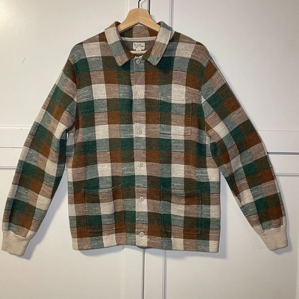 J.Crew Shirt Jacket Re-Imagined Plaid Knit  M Green Brown Check Cardigan